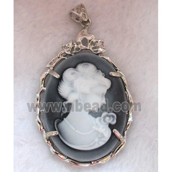 Victorian Lady Portrait Cameo resin pendant, platinum plated