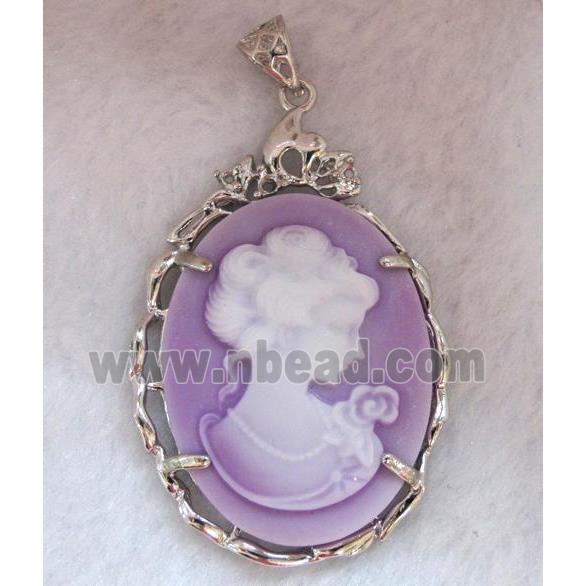 Victorian Lady Portrait Cameo resin pendant, platinum plated