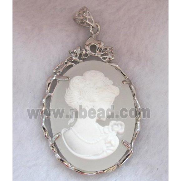 Victorian Lady Portrait Cameo resin pendant, platinum plated