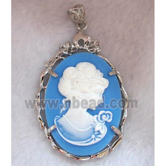 Victorian Lady Portrait Cameo resin pendant, platinum plated