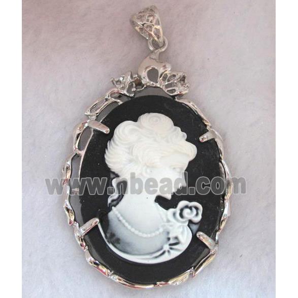 Victorian Lady Portrait Cameo resin pendant, platinum plated