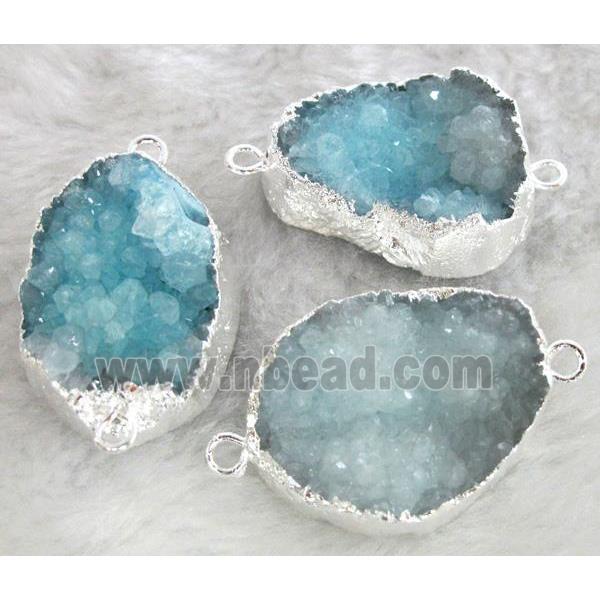 blue druzy quartz connector, freeform, silver plated