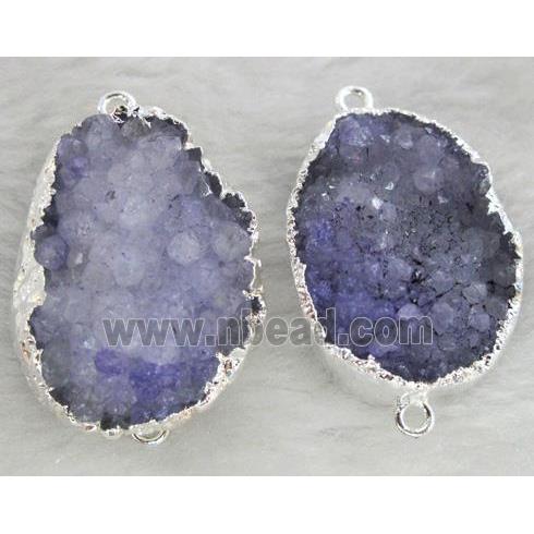 purple druzy quartz connector, freeform, silver plated