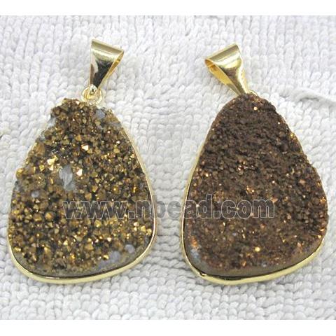 druzy quartz pendant, freeform, gold plated