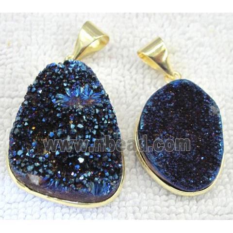 druzy quartz pendant. freeform, blue electroplated