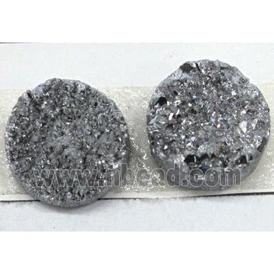 druzy quartz cabochon, flat-round, silver plated