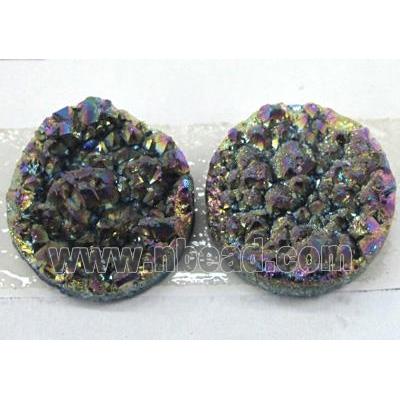 quartz druzy cabochon, flat-round, rainbow plated