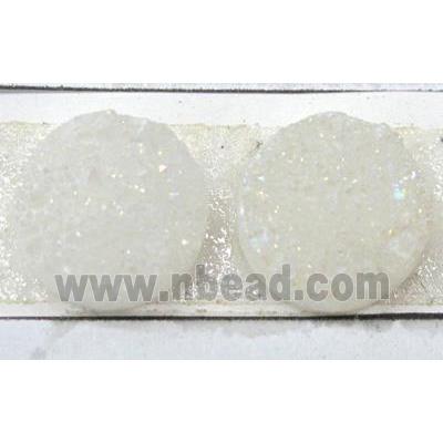 white quartz druzy cabochon, flat-round, AB-color