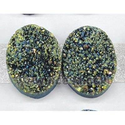 quartz druzy cabochon, oval, green electroplated