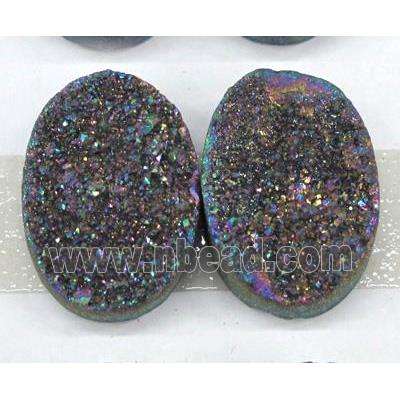 quartz druzy cabochon, oval, rainbow electroplated