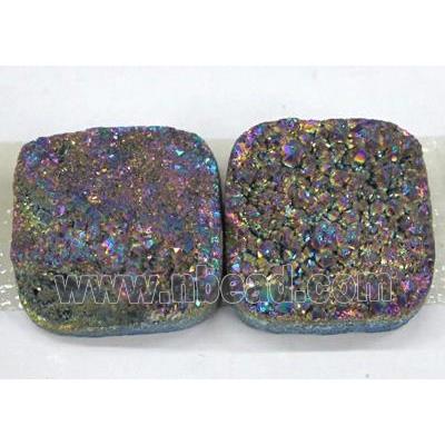 quartz druzy cabochon, square, rainbow electroplated