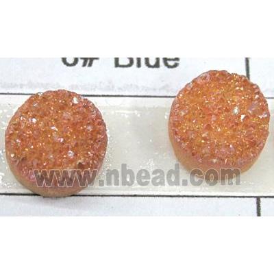 quartz druzy cabochon, flat-round, pink electroplated