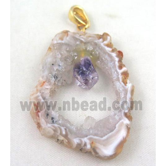 druzy agate slice pendant, freeform, paved gems, gold plated