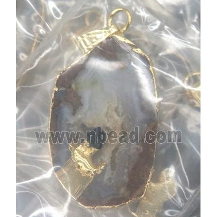 druzy agate slice pendant, freeform, paved tourmaline, gold plated