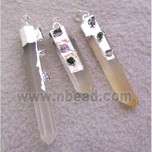 clear quartz pendant with tourmaline, stick, silver plated