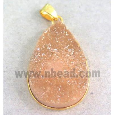 pink druzy quartz pendant, teardrop