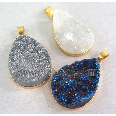 druzy quartz pendant, teardrop, mixed color