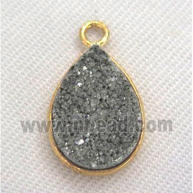 druzy quartz connector, teardrop, silver electroplated