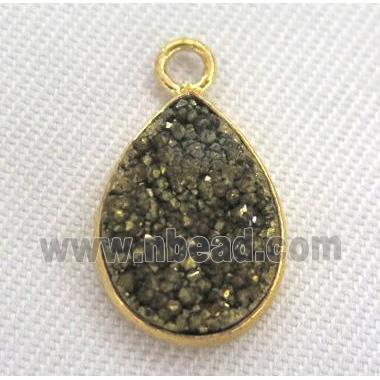 druzy quartz pendant, teardrop, gold plated