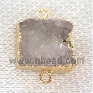 white druzy quartz connector, square, gold plated