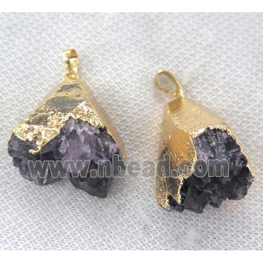 druzy amethyst pendant, teardrop, gold plated