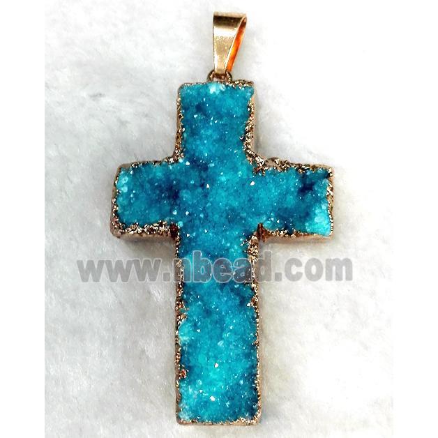 aqua druzy quartz pendant, cross, gold plated