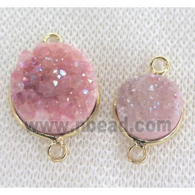 pink druzy quartz connector, flat-round