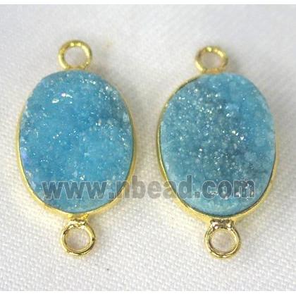 druzy quartz connector, oval, blue AB-color