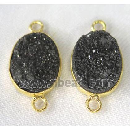 druzy quartz connector, oval, black electroplated