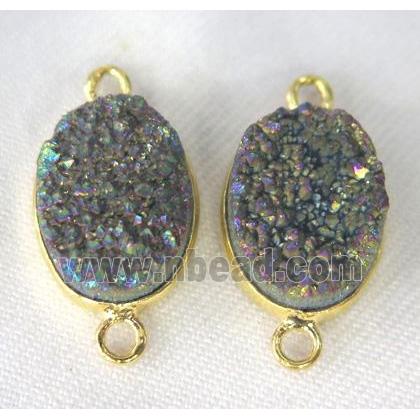 druzy quartz connector, oval, rainbow electroplated