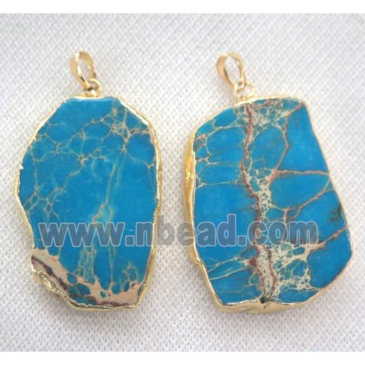 aqua Sea Sediment pendant, freeform slab, gold plated