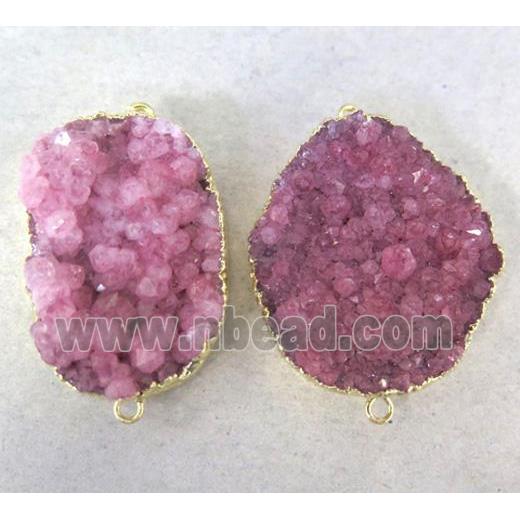 pink druzy quartz connector, freeform, gold plated