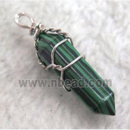 Malachite pendant, bullet, wire wrapped