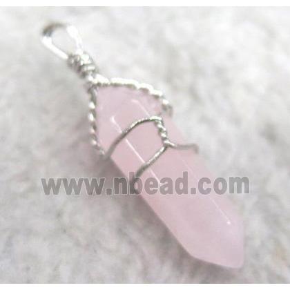 Rose Quartz pendant, bullet, wire wrapped