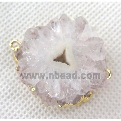 white druzy solar quartz connector, freeform, gold plated