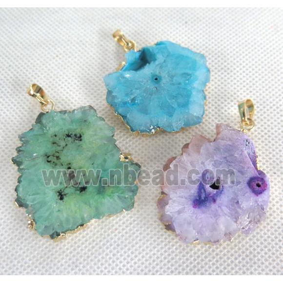 druzy solar quartz pendant, freeform, mixed color