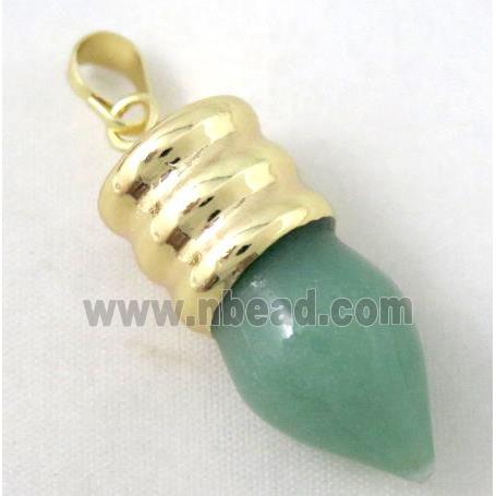 green aventurine bullet pendant, gole plated