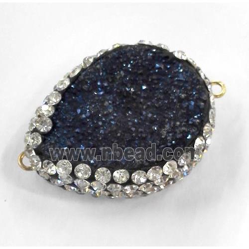 druzy quartz connector pave rhinestone, freeform, blue electroplated