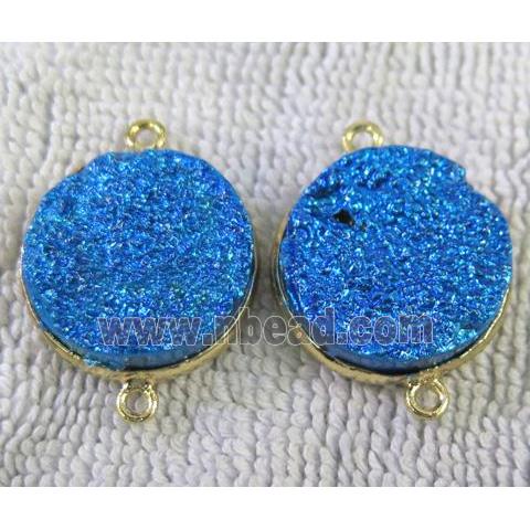 metallic quartz druzy connector, flat-round, blue electroplated