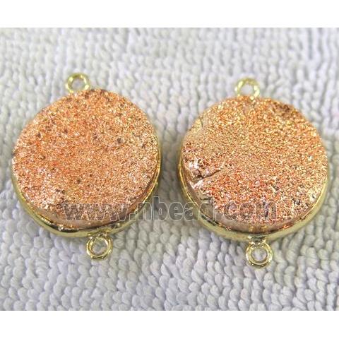 metallic quartz druzy connector, flat-round, rose-gold electroplated