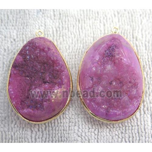 hotpink quartz pendant with druzy, freeform, gold plated