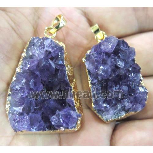 Uruguayan Amethyst Druzy Cluster Pendant, ametist, freeform, gold plated