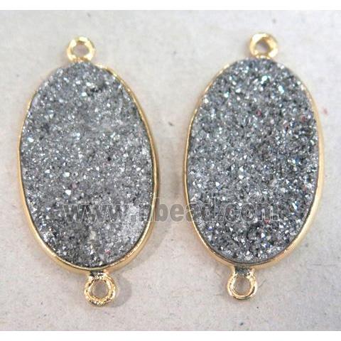 druzy quartz pendant, oval, silver plated