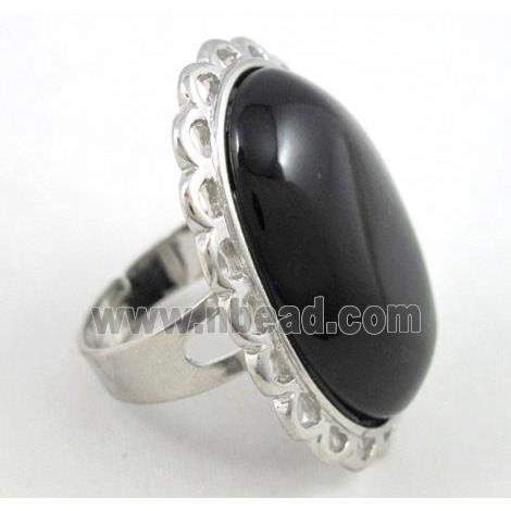 black onyx ring, adjustable, copper, platinum plated