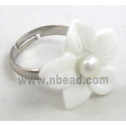 mother of pearl ring, adjustable, copper, platinum plated