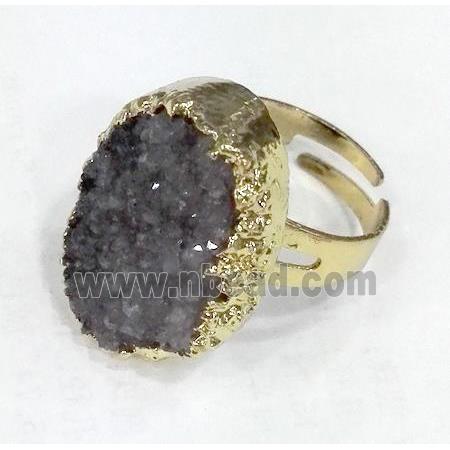 druzy quartz ring, freeform, grey