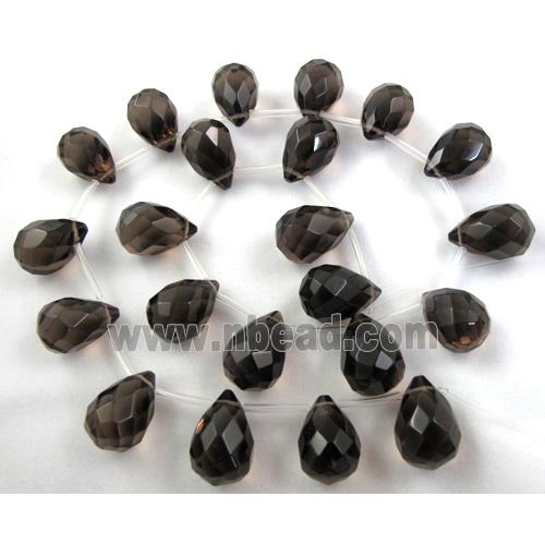 Smoky Quartz beads, faceted 3D-teardrop