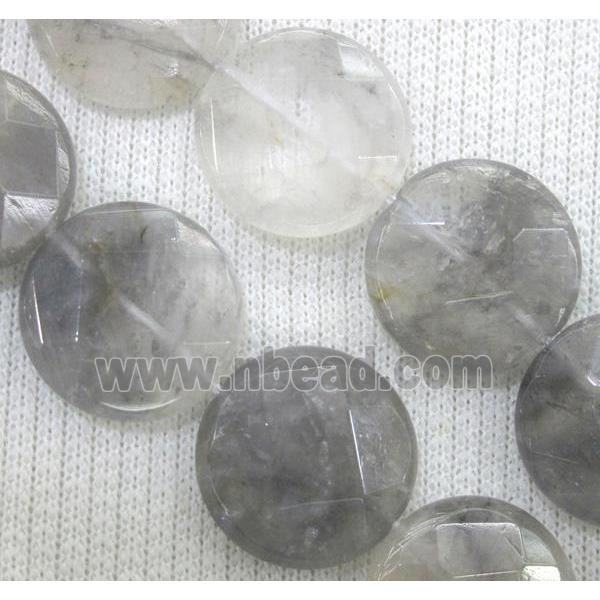 natural cloudy quartz beads, grey, faceted flat-round