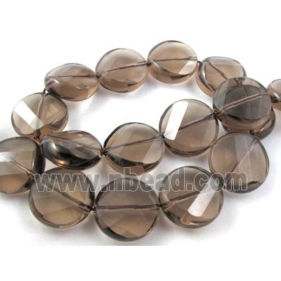 Smoky Quartz bead, faceted, twist flat round