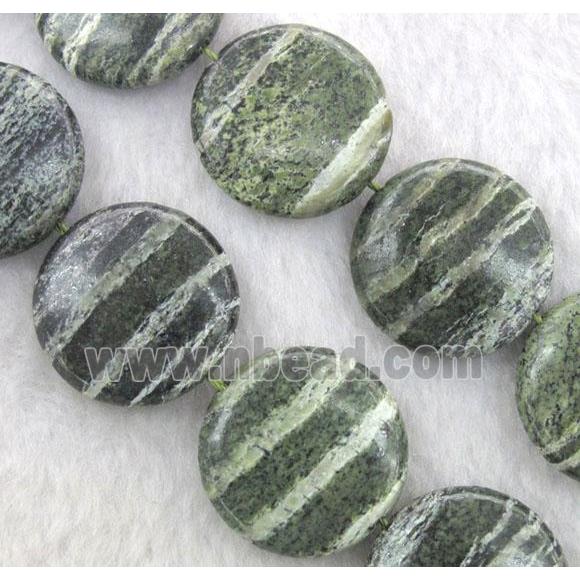 Natural Green Silver-line Jasper Beads, flat-round